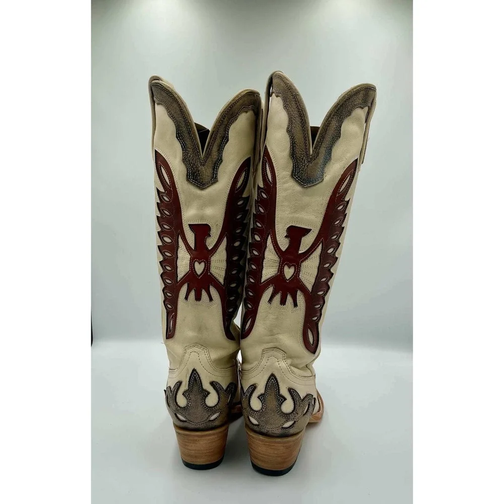 Freebird Willie Pewter Cognac Leather Western Eagle Inlay Tall Boots Womens 8